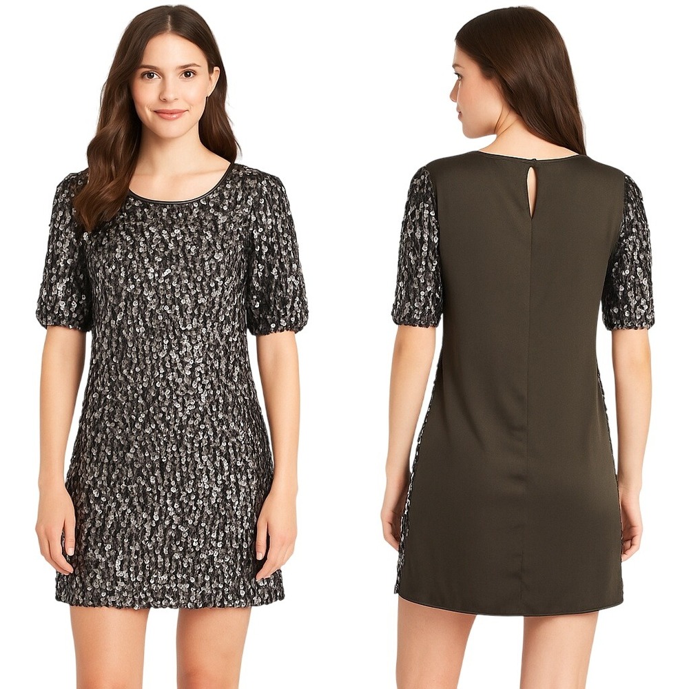 Monoreno Sequin Shift Dress Size S Silver Short Sleeve Party Cocktail‎ Mini Chic